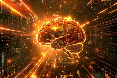 Human brain and AI chip fusion in a futuristic digital landscape