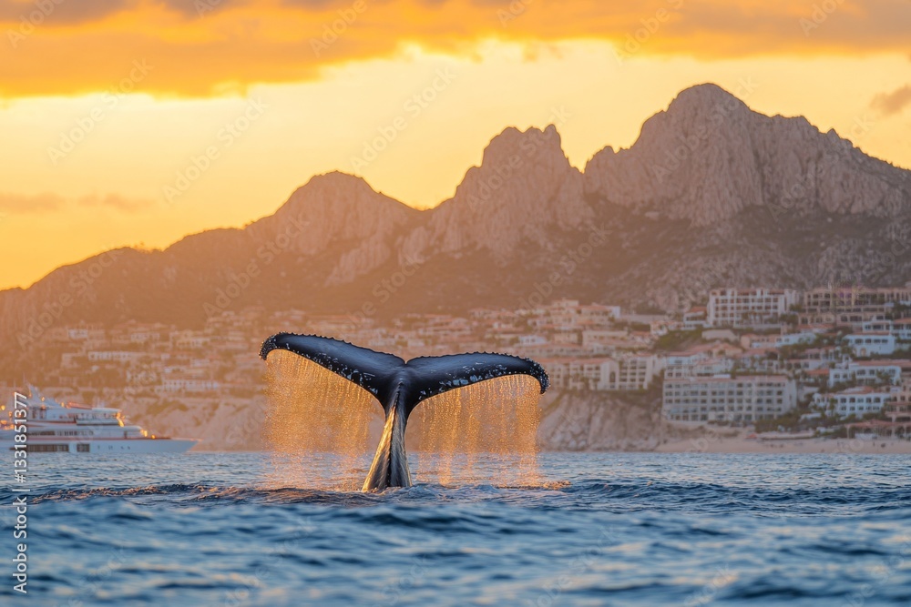 Fototapeta premium Whale tail surfaces against a stunning sunset backdrop in Cabo San Lucas, highlighting marine life and natural beauty