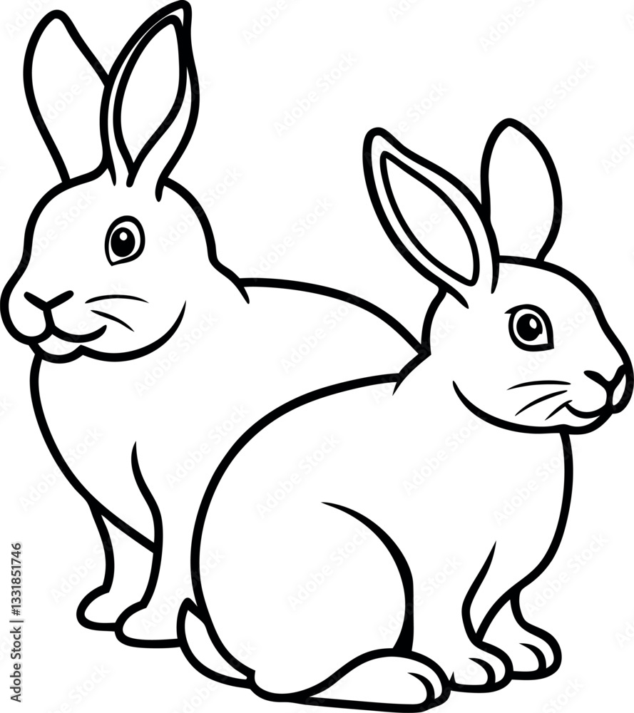 Obraz premium Black and white outline of two rabbits sitting together, perfect for Easter coloring pages, wildlife illustrations, or nature-themed designs. 