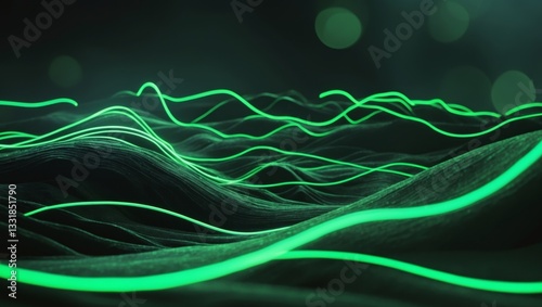 Abstract green light weaves through a dark flowing landscape