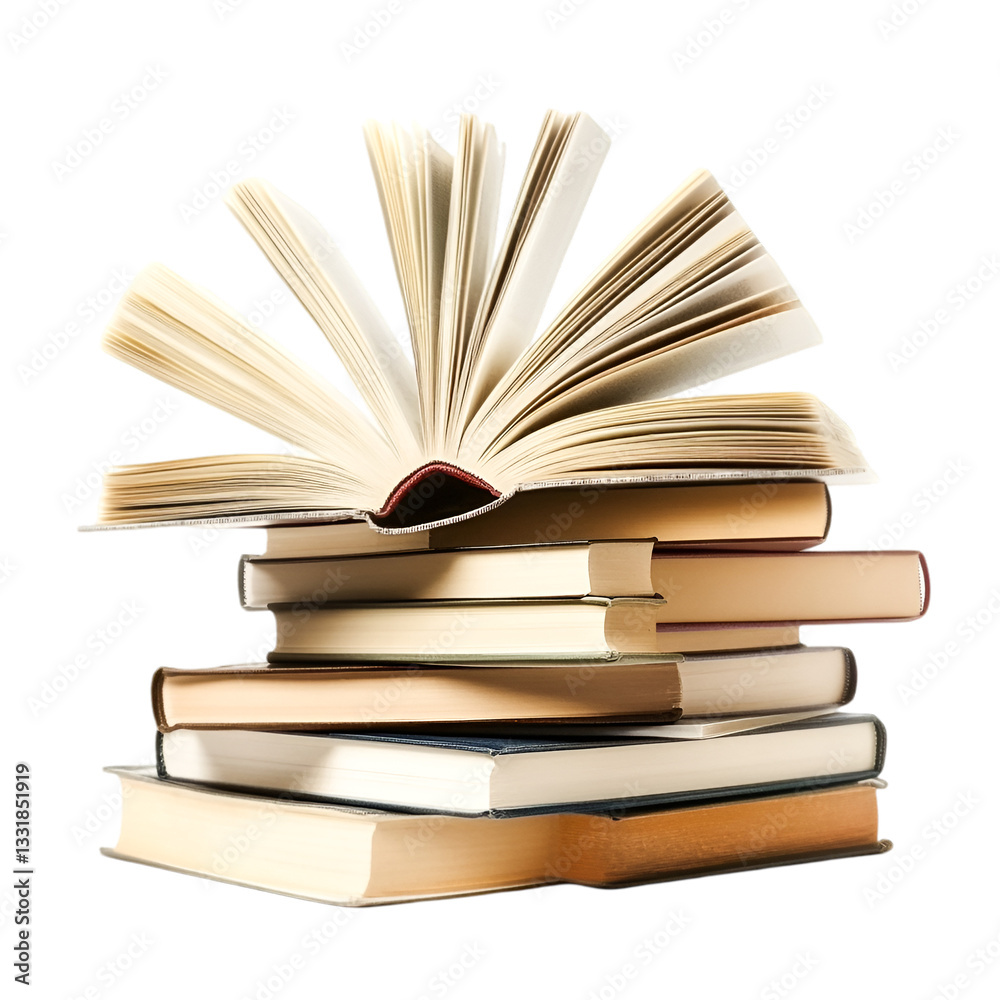 Fototapeta premium Open book on a stack of books Knowledge adventure awaits eager reader