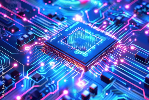 High-tech digital background with AI microchip and holographic elements