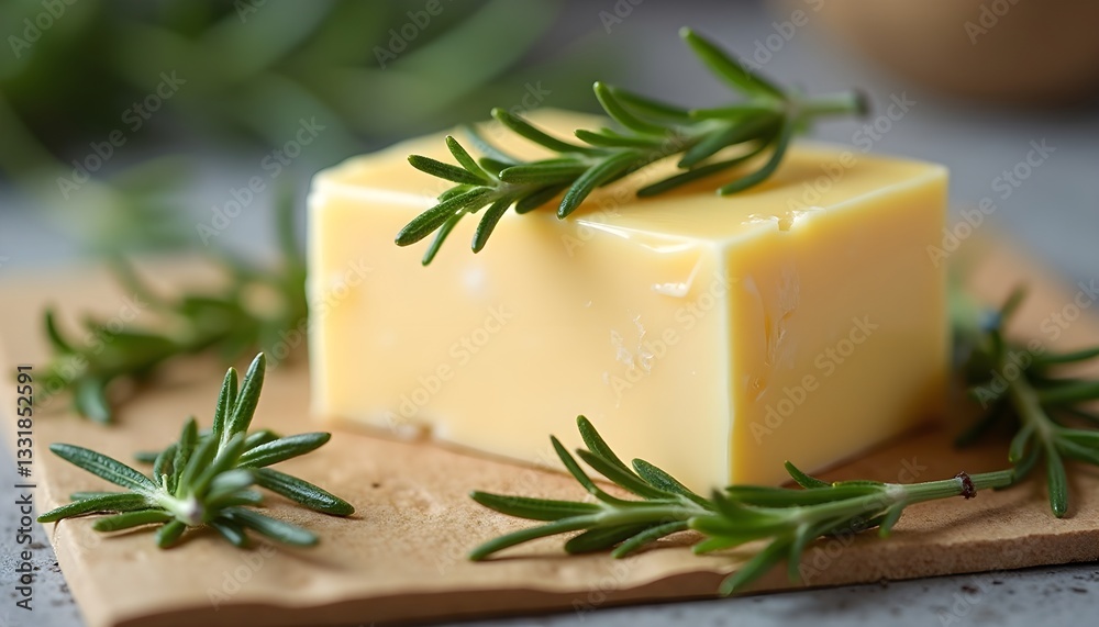 A creamy block of butter garnished with fresh rosemary sprigs on a wooden board, surrounded by greenery. A creamy block of butter garnished with fresh rosemary sprigs on a wooden board, surrounded by greenery.