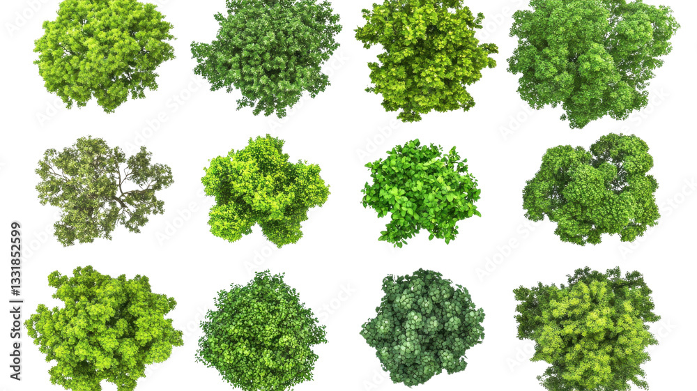Various types of green trees arranged in a grid showcasing different shapes and foliage textures