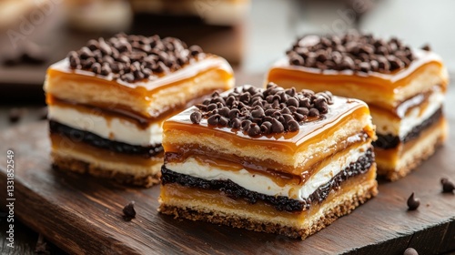 Wallpaper Mural Three square-shaped desserts on a wooden board. the desserts appear to be a layered dessert with layers of caramel and chocolate chips on top. Torontodigital.ca