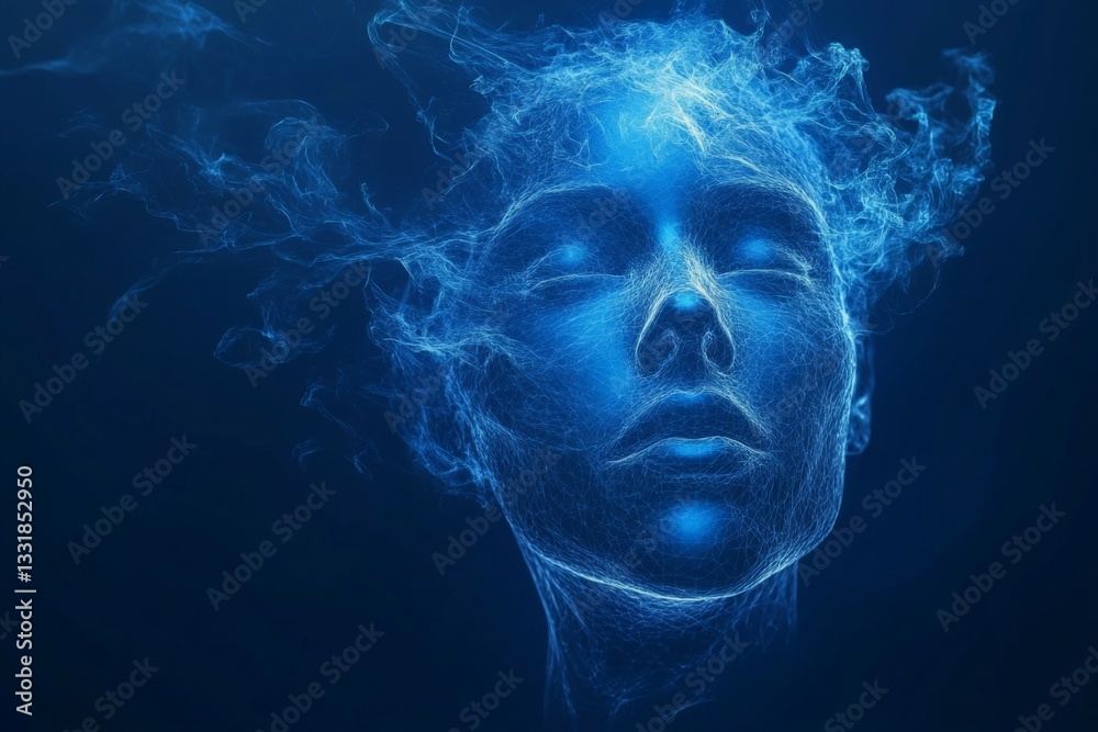 Ethereal blue portrait of a serene figure surrounded by wisps of vapor at dusk