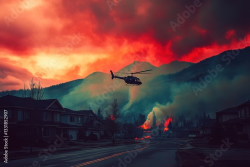 Helicopter battles wildfire in residential area under dramatic red sky