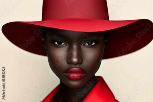 Captivating portrait of a woman in a striking red hat against a neutral background