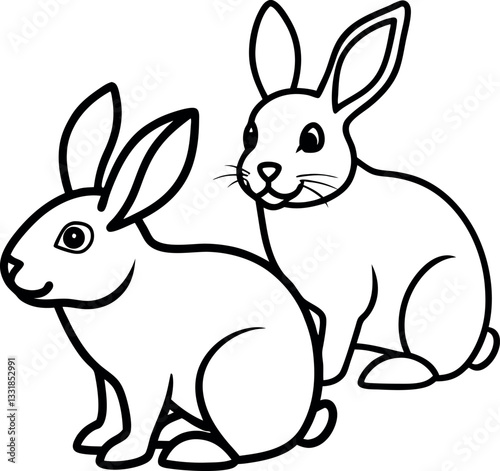 Simple line art drawing of two bunnies with perked ears and fluffy tails, ideal for printable art, children's books, and farm animal educational materials.
