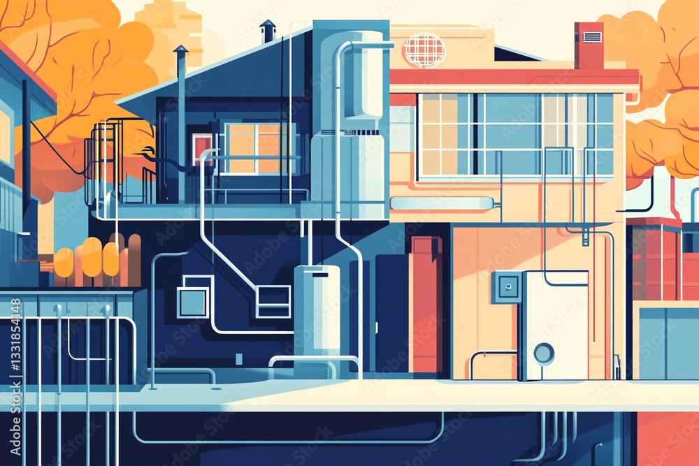 Obraz premium Abstract building exterior with exposed pipes and autumn trees art city blue flat urban style house