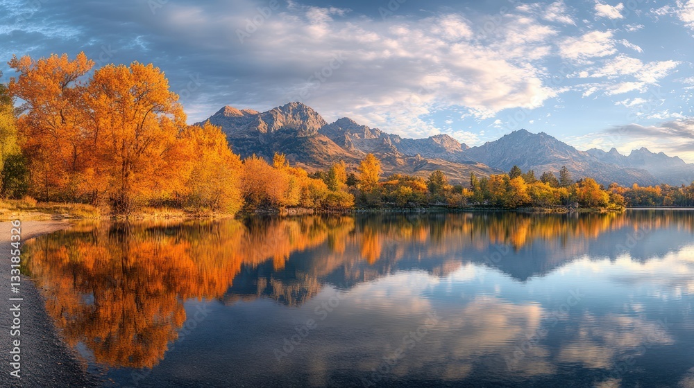 Fototapeta premium Autumn lake reflection, mountain sunrise, scenic panorama