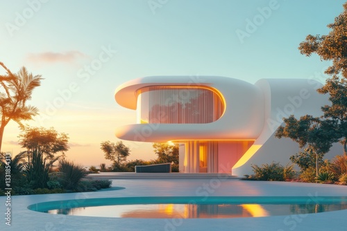 Modern villa surrounded by a vibrant garden at golden hour