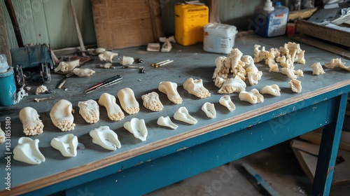 A workbench with silicone forefoot prostheses in different skin tones and sizes.
