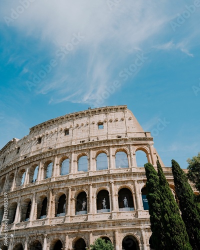 Colosseum in Rome with a clear blue sky and lush greenery in the foreground.
