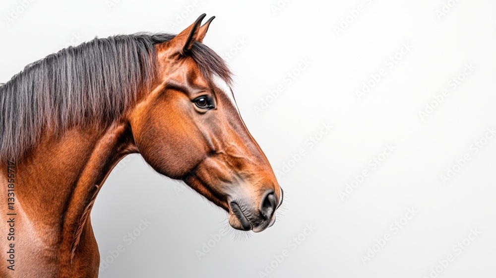 Fototapeta premium Captivating side portrait of a beautiful horse on a pure white background showcasing its natural elegance