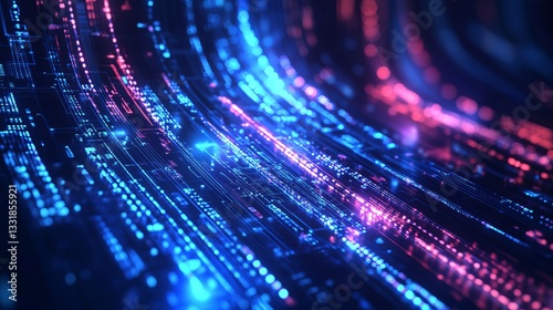 Abstract Digital Data Stream Glowing Blue Pink Particles Wave on Dark Background