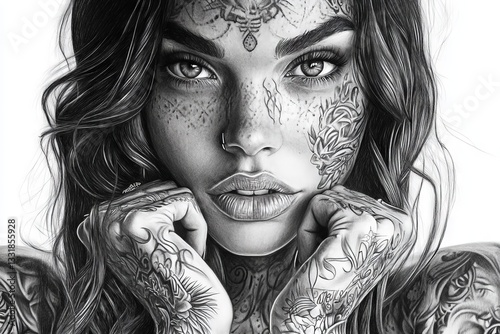 Portrait of a woman with intricate tattoos showcasing bold artistry and striking features in a close-up setting