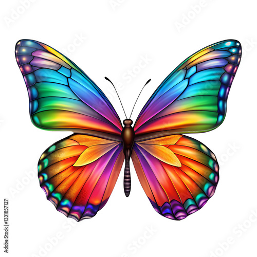 Rainbow Wings: A digitally rendered illustration of a vibrant butterfly, its wings showcasing a spectacular gradient of colors.AI Generated