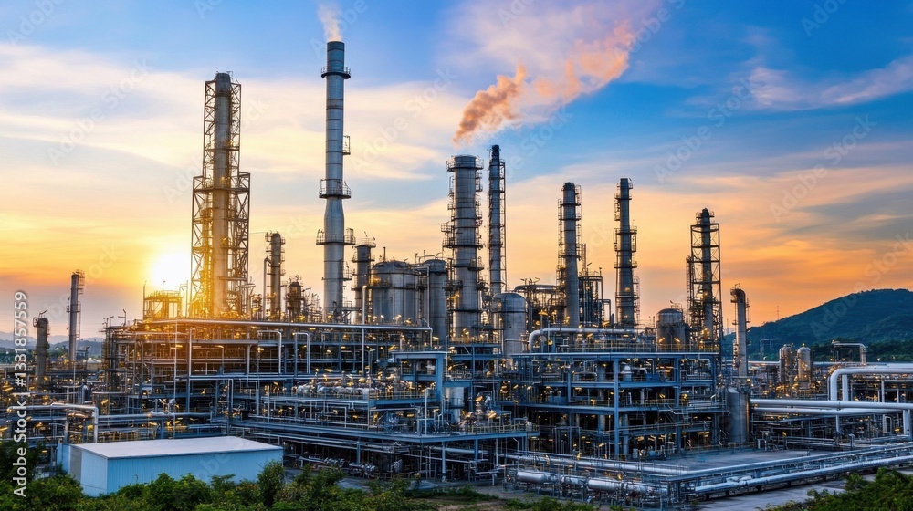 An oil refinery with smokestacks and pipelines stretching across the landscape An oil refinery with smokestacks and pipelines stretching across the landscape