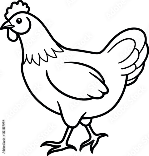 Simple line art drawing of a hen with a full feathered tail, ideal for farm animal graphics, printable coloring sheets, and agricultural designs.
