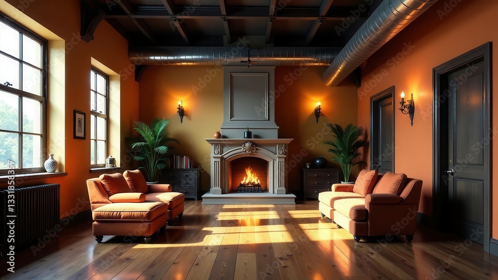 Fototapeta premium Warm Sunset Hues in a Luxurious Living Room with a Cozy Fireplace and Ornate Details