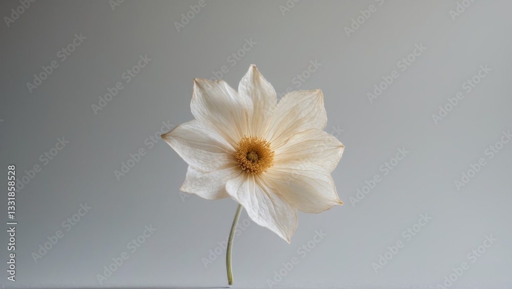 Obraz premium Dried White Flower with Gold Center on Gray Background.