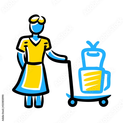 Housekeeping professional with cleaning trolley in a hotel setting, promoting cleanliness and care in hospitality environment