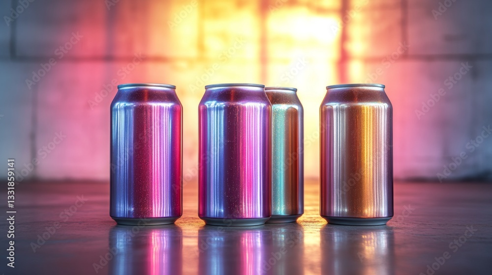Four metallic cans stand in a line against a vibrant, illuminated background. The light reflects off their surfaces, creating an eye-catching display of colors and textures. Four metallic cans stand in a line against a vibrant, illuminated background. The light reflects off their surfaces, creating an eye-catching display of colors and textures.