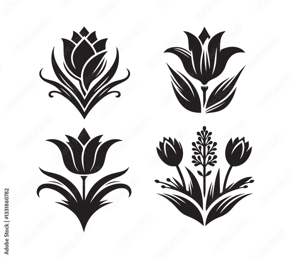 Vector Set of Black and White Tulip Illustrations Vector Set of Black and White Tulip Illustrations