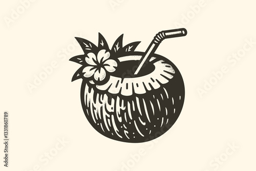 Vintage engraving icon of a coconut drink with a straw and flower