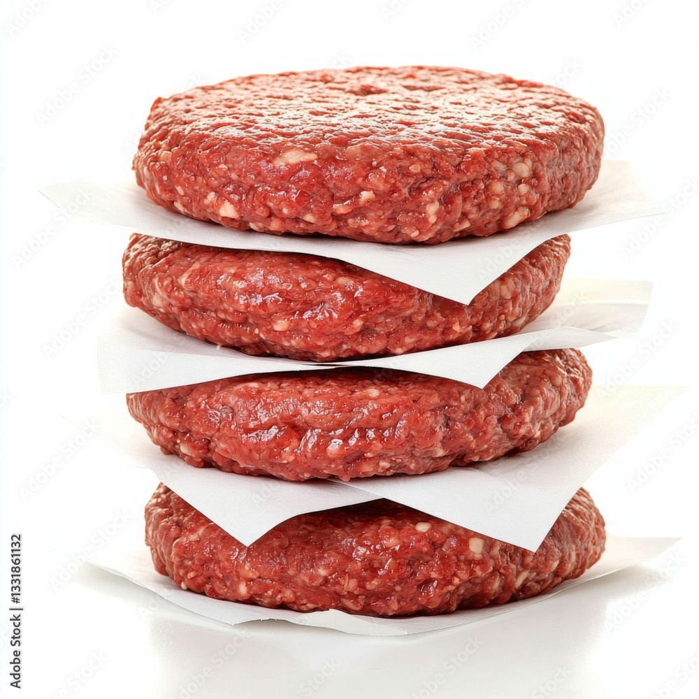 A stack of raw beef burger patties placed on parchment paper, highlighting the texture and freshness, ready for grilling or cooking in various savory dishes. A stack of raw beef burger patties placed on parchment paper, highlighting the texture and freshness, ready for grilling or cooking in various savory dishes.
