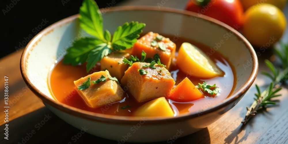 Aromatic Stew with Savory Cubes and Sunlit Vegetables in a Rustic Bowl Aromatic Stew with Savory Cubes and Sunlit Vegetables in a Rustic Bowl