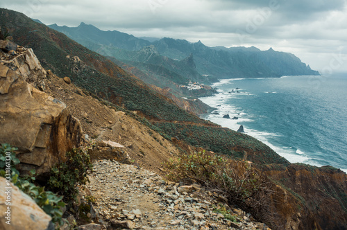 Rocky path and astonishingly beautiful view. Adventure in the national park in Canary Islands Tenerife