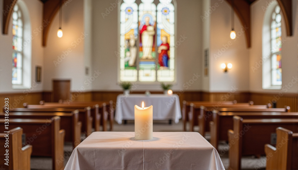 Candle on a table in a church setting creating a serene atmosphere for blogs, websites, religious content, meditation guides, greeting cards, and spiritual presentations Candle on a table in a church setting creating a serene atmosphere for blogs, websites, religious content, meditation guides, greeting cards, and spiritual presentations