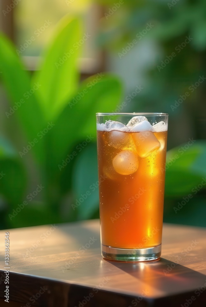 Refreshing Iced Tea in a Glass on a Wooden Table Outdoors Refreshing Iced Tea in a Glass on a Wooden Table Outdoors