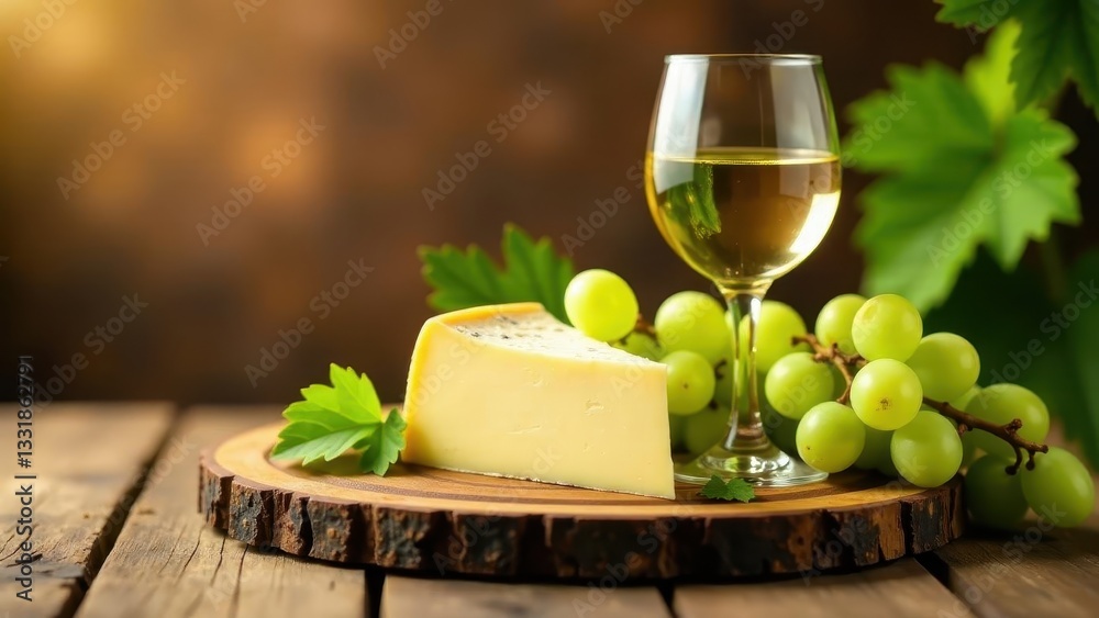A rustic wooden board presents a delectable wedge of cheese, accompanied by a glass of crisp white wine and a bunch of fresh green grapes, creating a scene of simple yet elegant culinary delight. A rustic wooden board presents a delectable wedge of cheese, accompanied by a glass of crisp white wine and a bunch of fresh green grapes, creating a scene of simple yet elegant culinary delight.