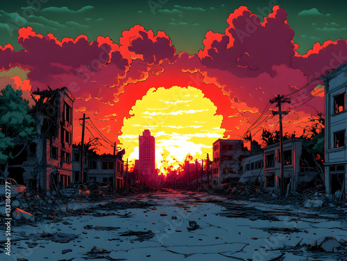 Post-apocalyptic cityscape at sunset (1)