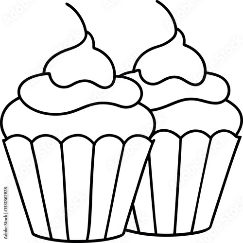 Two cupcakes line art with decorative frosting, a great printable for bakery branding or creative coloring activities.
