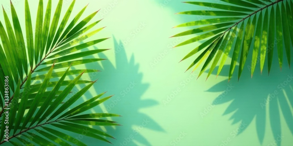 Tropical Palm Fronds Cast Shadows on a Light Green Background, Perfect for Summer Designs and Relaxation Themes Tropical Palm Fronds Cast Shadows on a Light Green Background, Perfect for Summer Designs and Relaxation Themes