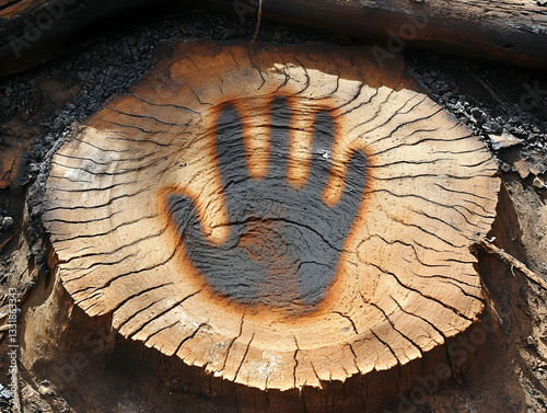Handprint on charred wood stump