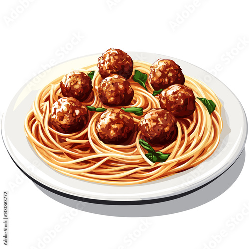Spaghetti with meatballs Spagetti with tomato sauce meatballs and cheese Classic pasta dish vector clip art illustration isolated on a white background