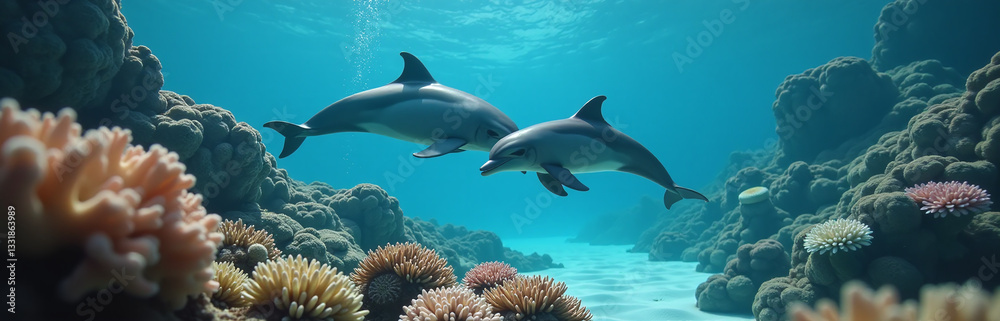 Fototapeta premium A Mother And Baby Dolphin Swimming Through Warming Waters Near A Coral Reef That Has Turned White