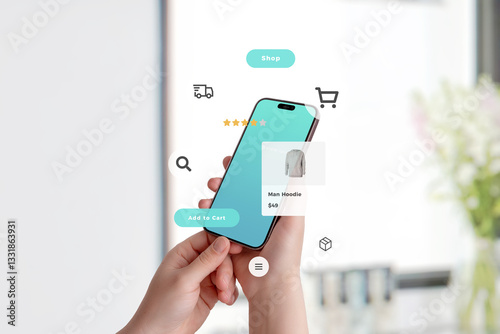 Online shopping app on smartphone, UI components hovering around, showing product, price, delivery, and package status, concept of modern eCommerce experience