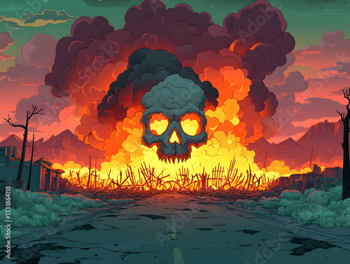 Post-apocalyptic wasteland with flaming skull