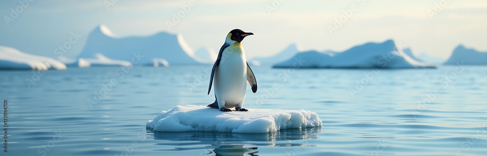 Obraz premium A Lone Penguin Standing On A Small Patch Of Ice Surrounded By Open, Warming Ocean Waters
