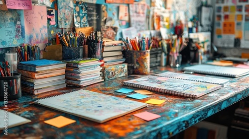 Colorful Artist's Workspace: A vibrant and inspiring creative studio filled with art supplies, sketchbooks, and colorful notes. photo