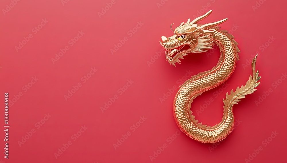 Fototapeta premium Golden Crystal Dragon Sculpture on Red Background, Lunar New Year 2024 Concept with Copy Space Area