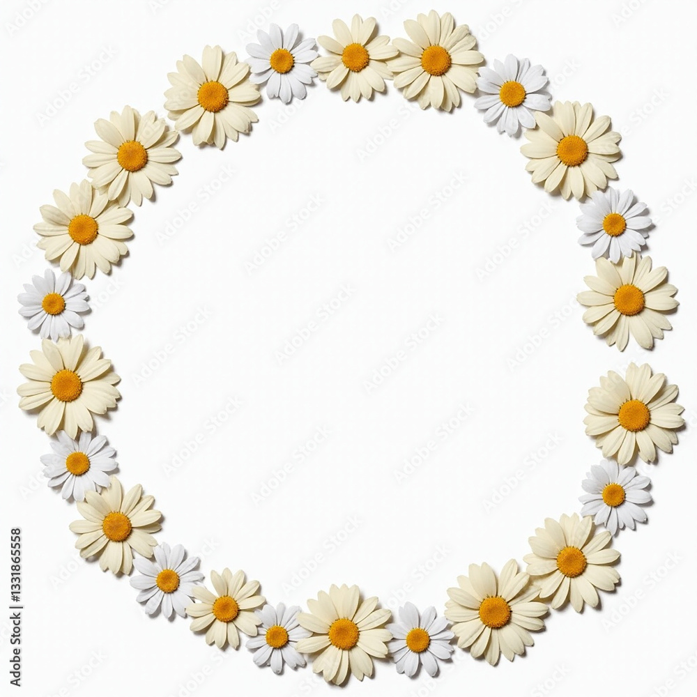 A circular arrangement of delicate daisies, featuring white petals with yellow centers, creating a fresh and cheerful border on a blank background. A circular arrangement of delicate daisies, featuring white petals with yellow centers, creating a fresh and cheerful border on a blank background.
