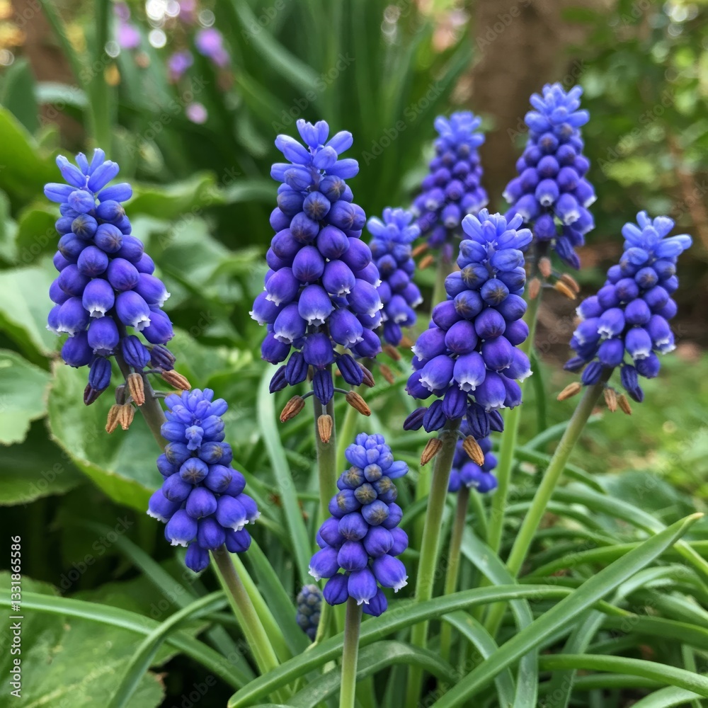 Early spring blossom of blue grapes hyacinth Muscari aucheri Blue Magic or Ocean in gargen Early spring blossom of blue grapes hyacinth Muscari aucheri Blue Magic or Ocean in gargen