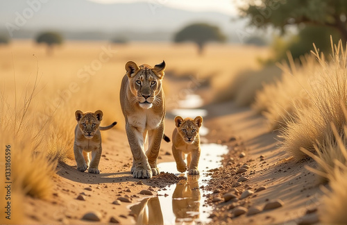 A Lioness And Her Cubs Walking Through Parched Savanna Land, Searching For Water